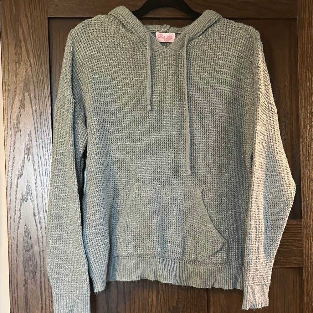 Pink Lily Knit Hoodie in Light Blue